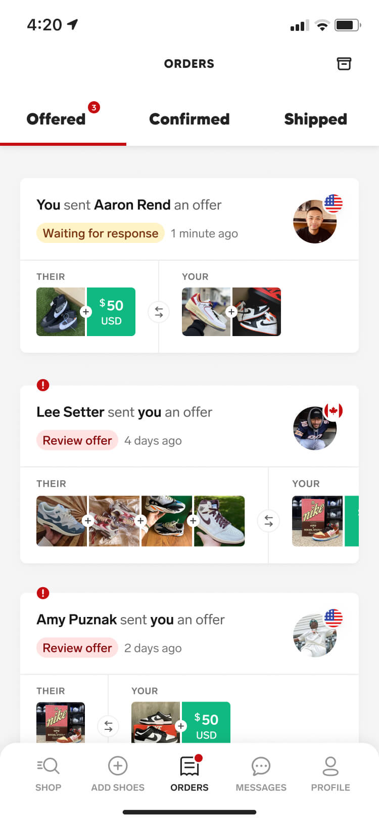 Orders screenshot of the Collect mobile app