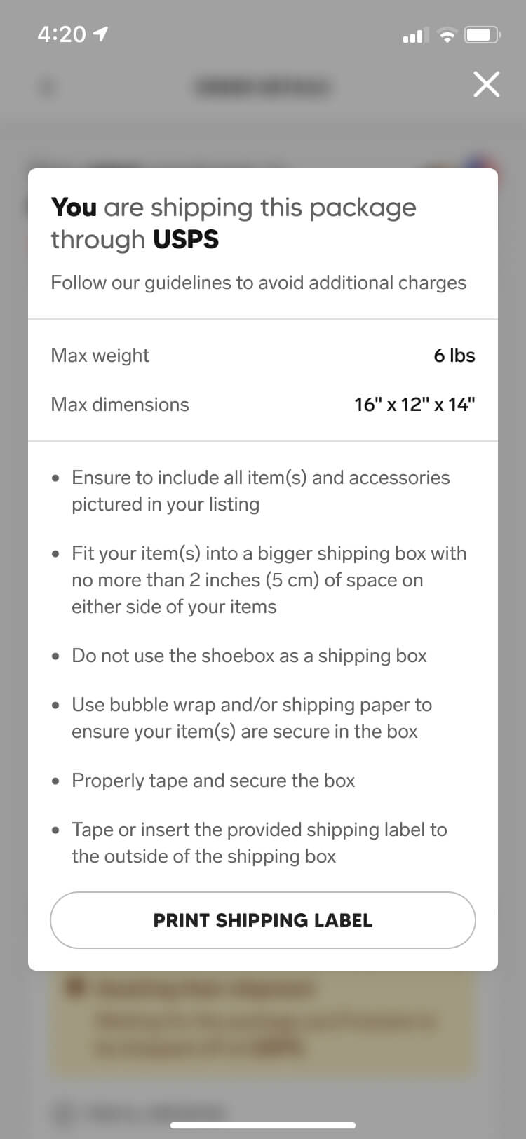 Shipping details screenshot of the Collect mobile app
