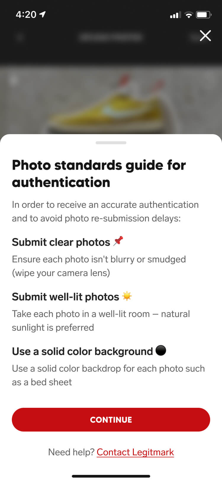 Photo standards screenshot of the Collect mobile app