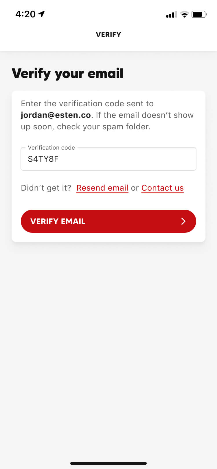Verify your email screenshot of the Collect mobile app