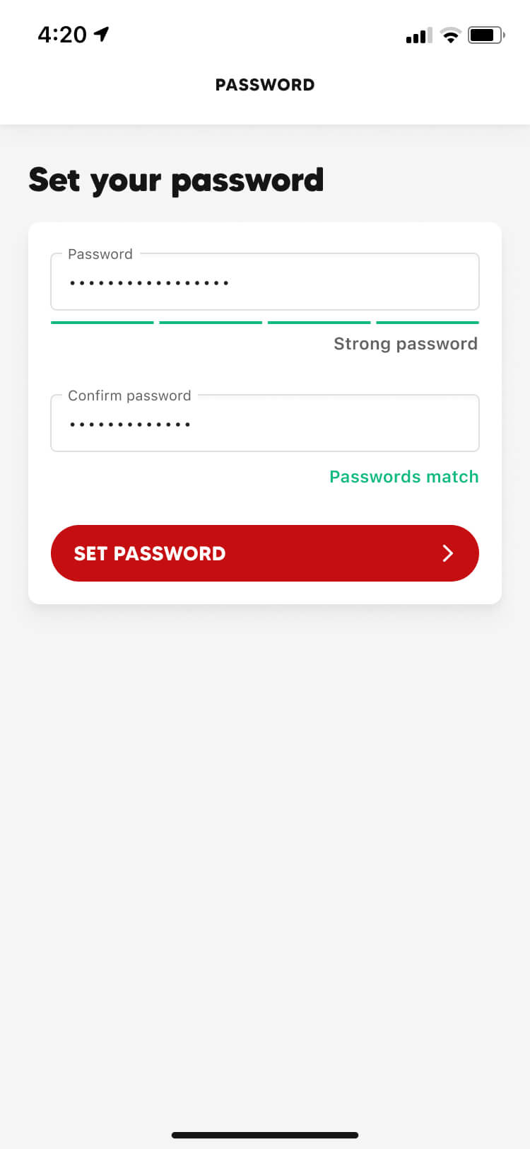 Set your password screenshot of the Collect mobile app