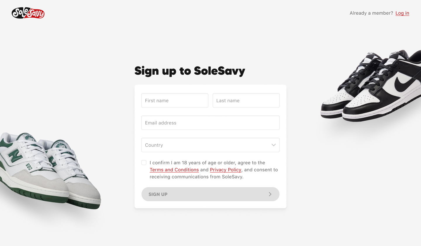 Sign up to SoleSavy screenshot of the SoleSavy web app