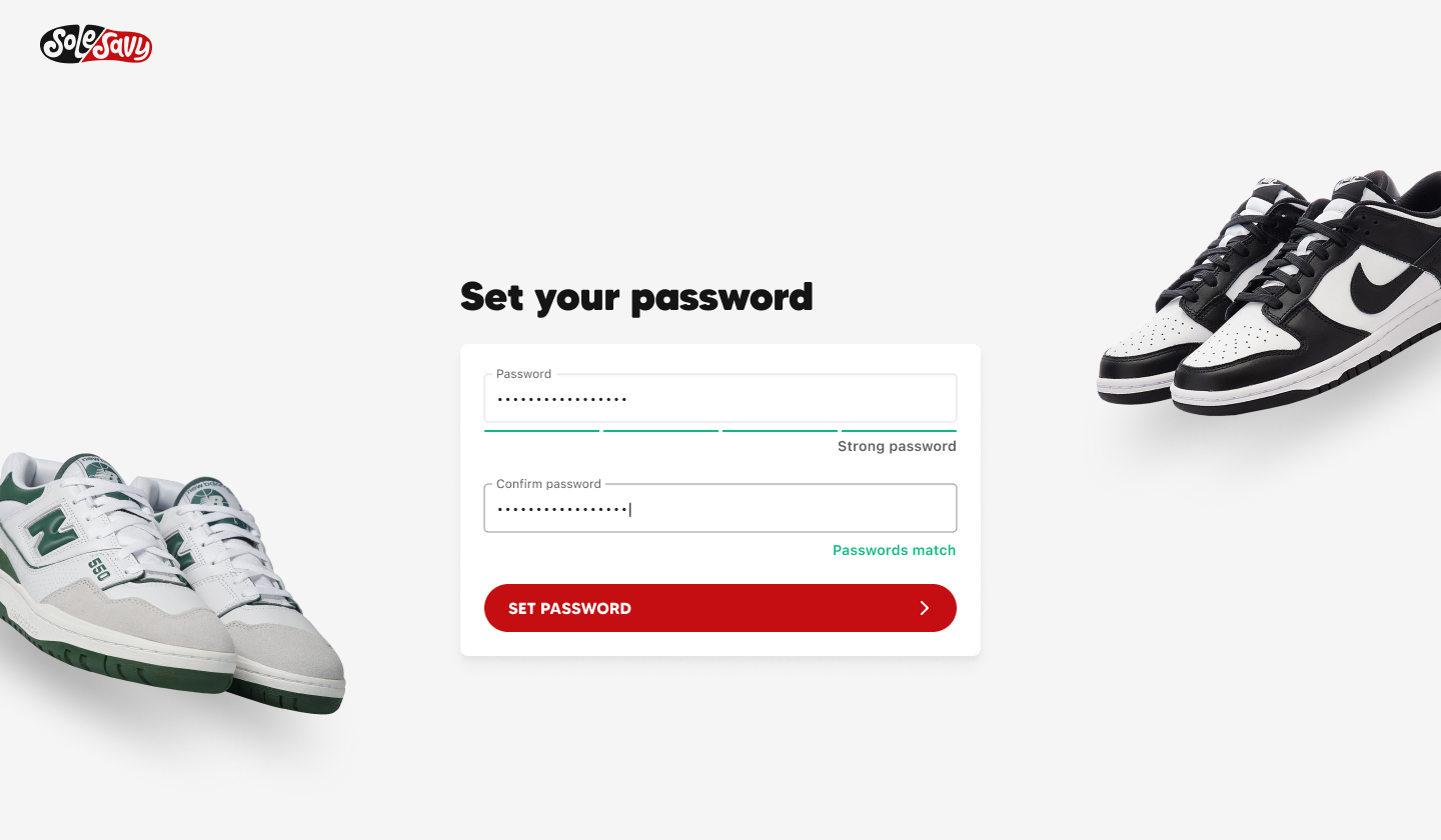 Set your password screenshot of the SoleSavy web app