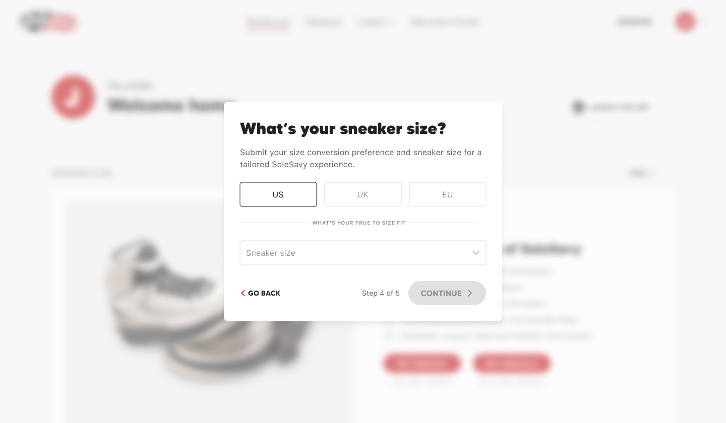What's your sneaker size screenshot of the SoleSavy web app