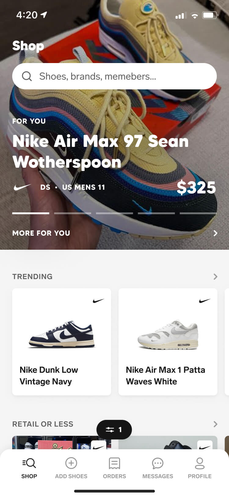 Screenshot from the Collect app of the shop screen with filters applied