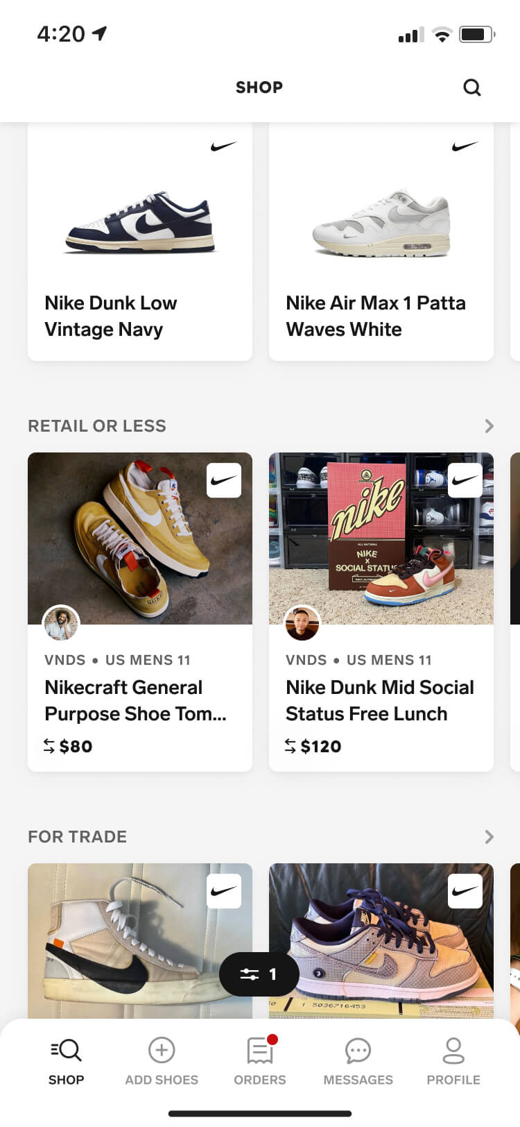 Screenshot from the Collect app of the shop screen scrolled down to the retail or less section