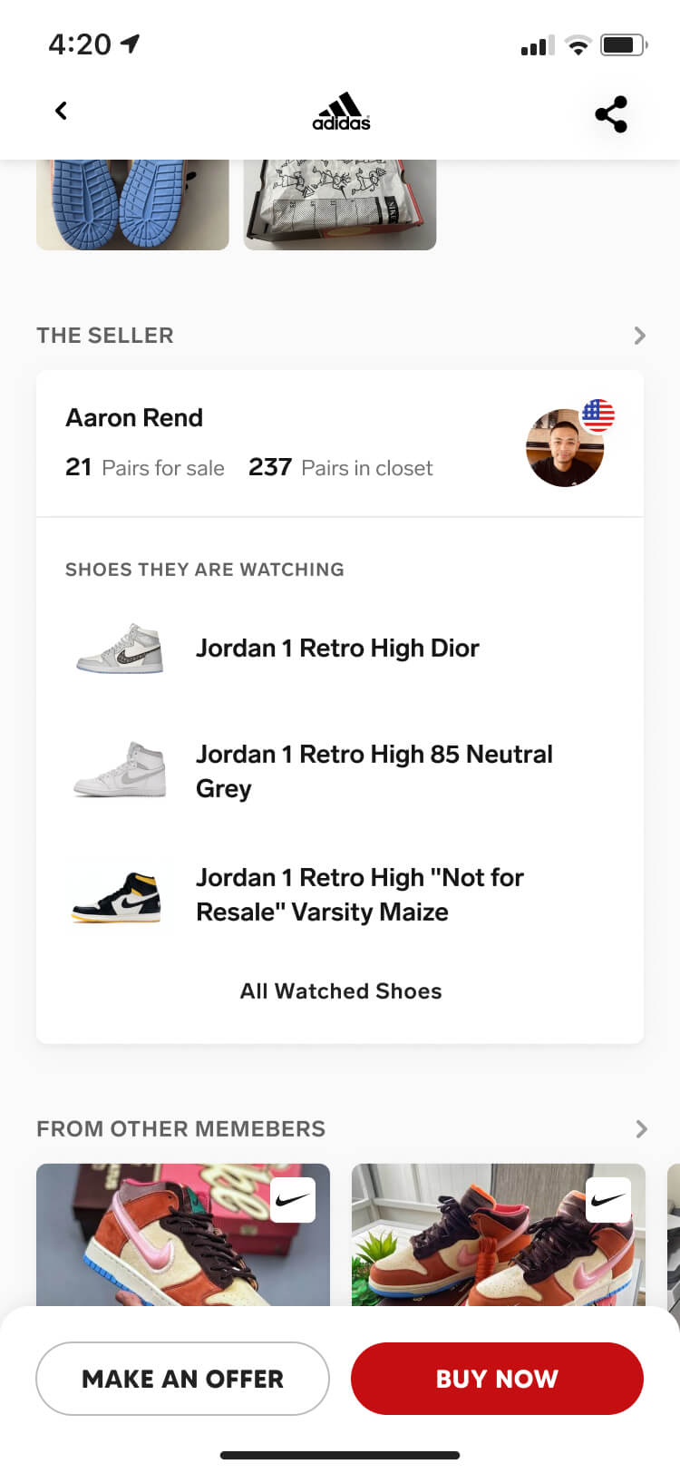 Screenshot from the Collect app of the product detail screen scrolled further down to the seller profile