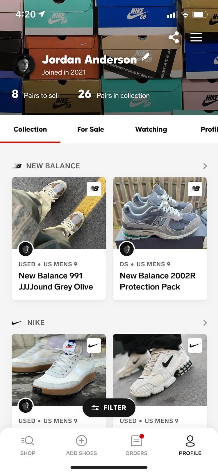 Screenshot from the Collect app of the profile screen in the add shoes experience