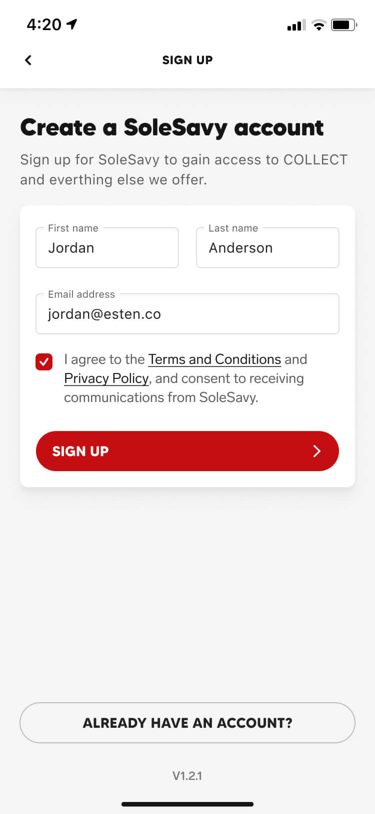 Screenshot from the Collect app sign up flow of the sign up screen