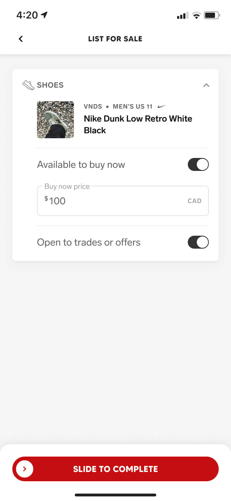 Screenshot from the Collect app of the list for sale screen in the add shoes experience