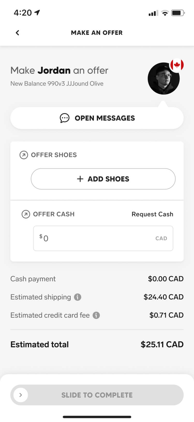 Screenshot from the Collect app of the make an offer screen