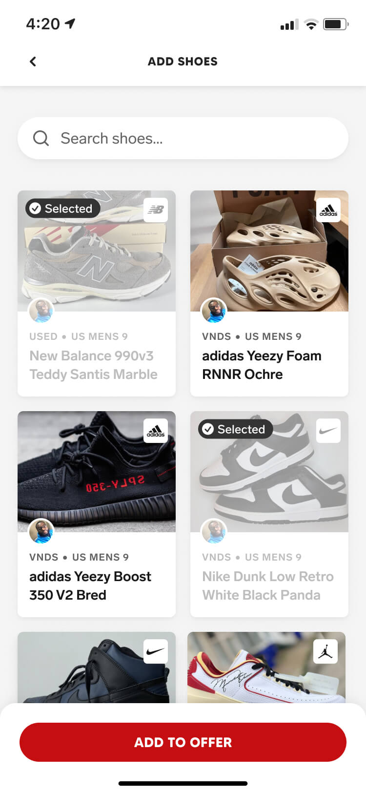 Screenshot from the Collect app of the add shoes to offer screen