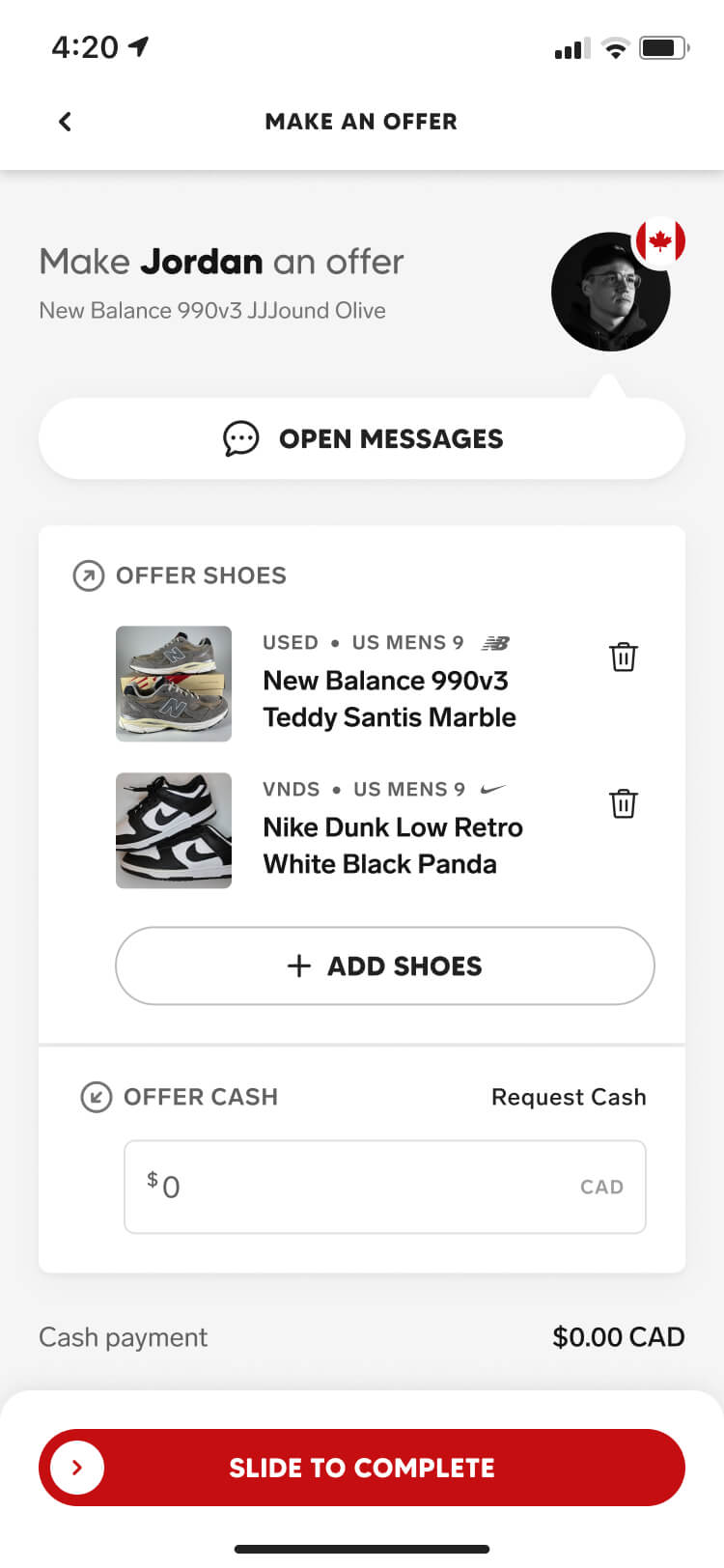 Screenshot from the Collect app of the make an offer screen with shoes added