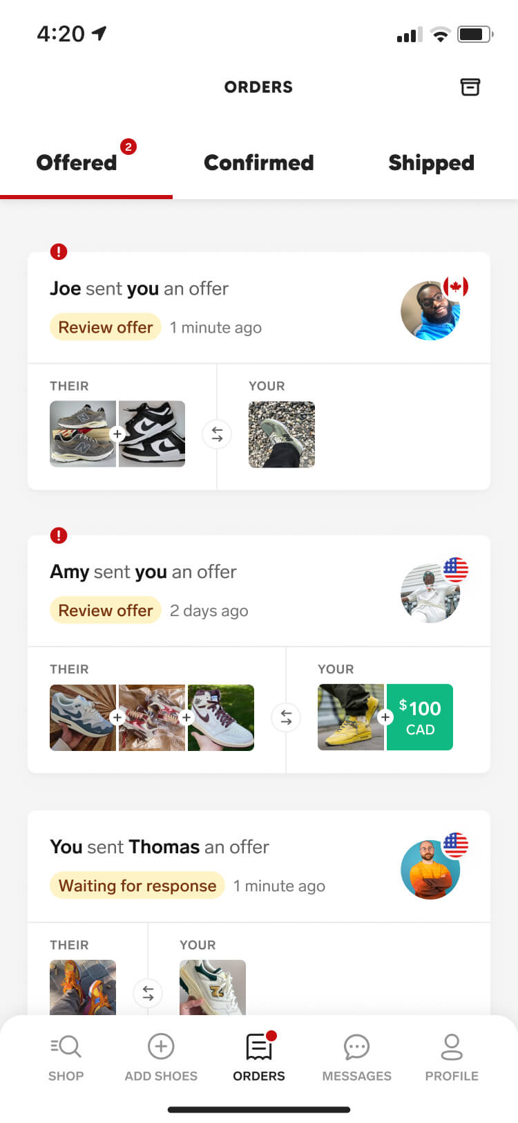 Screenshot from the Collect app of the offers screen