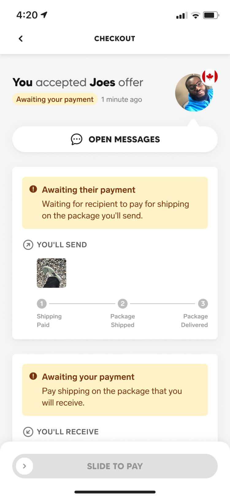 Screenshot from the Collect app of the notification users receive when they get an offer
