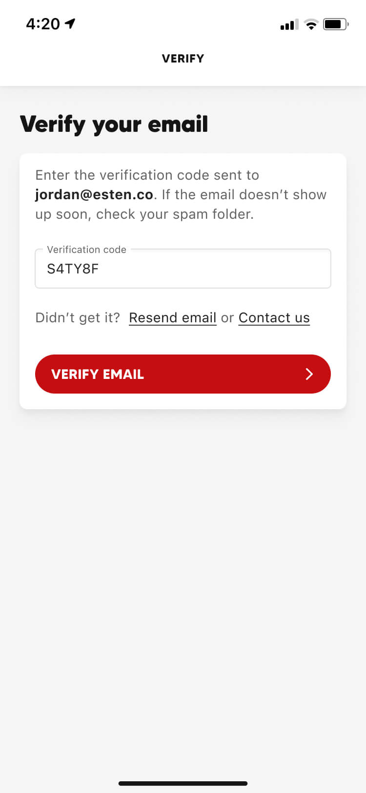 Screenshot from the Collect app sign up flow of the email verification screen