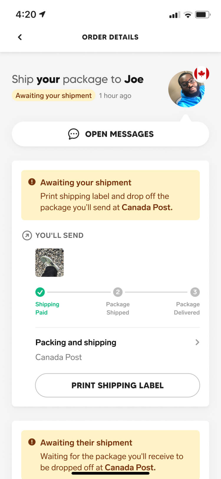 Screenshot from the Collect app of the order detail screen with a package ready to ship