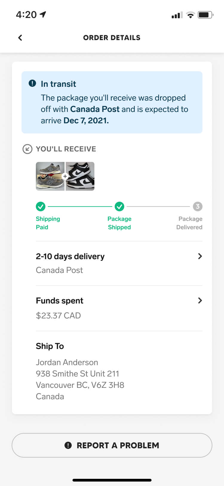 Screenshot from the Collect app showing the order detail screen with a delivered package