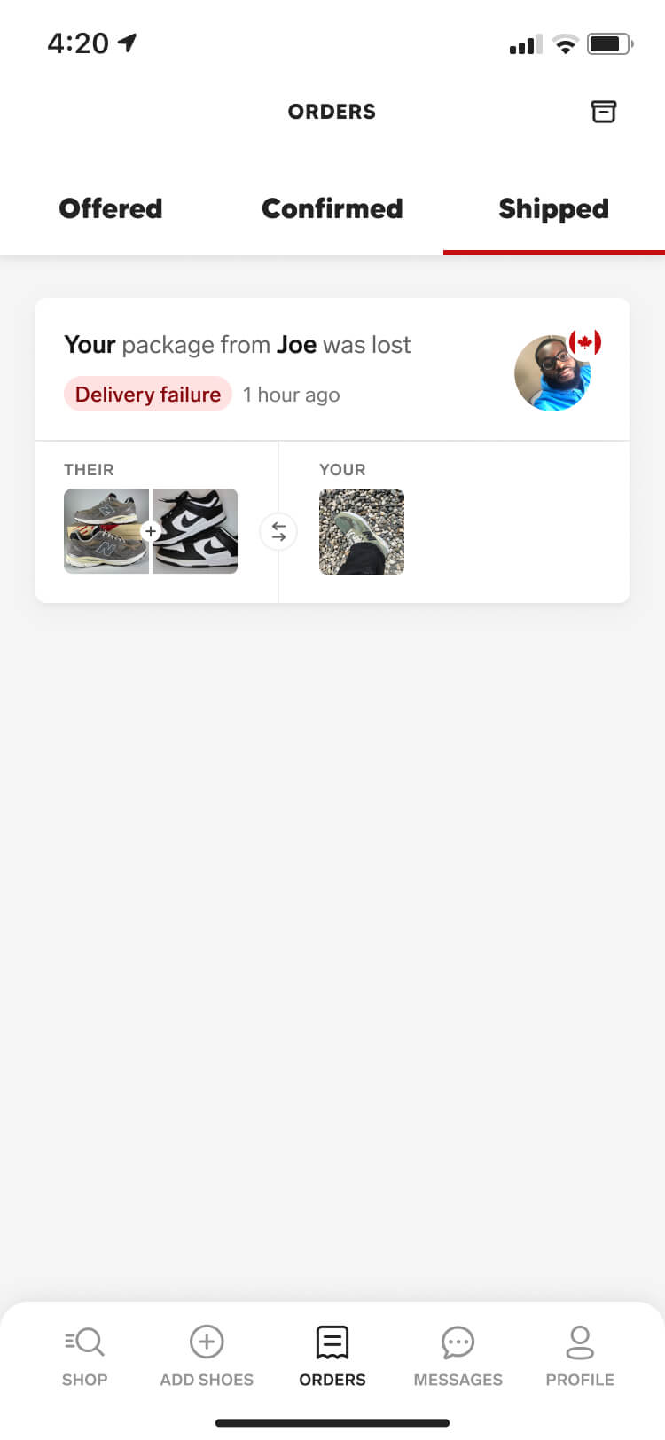 Screenshot from the Collect app showing the order detail screen when the package I sent was lost