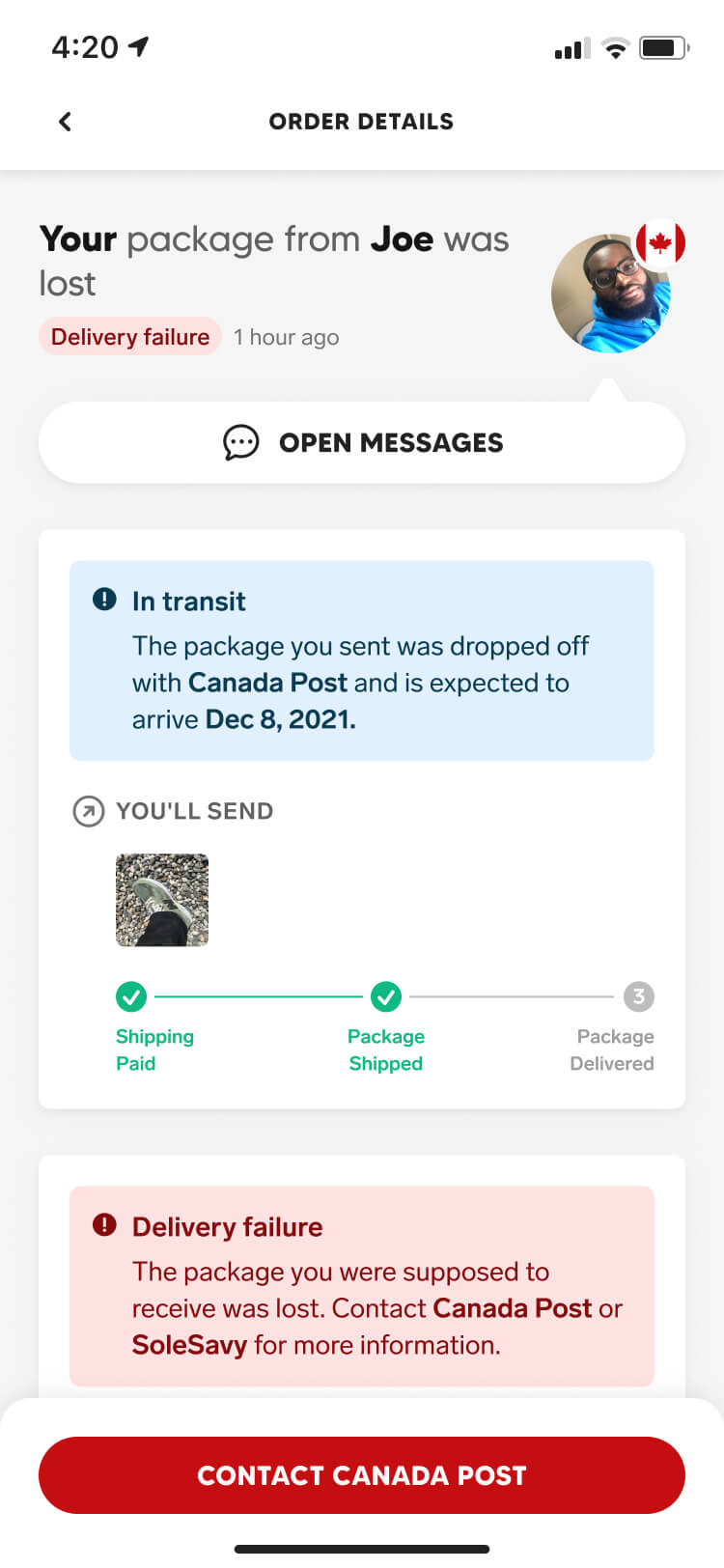 Screenshot from the Collect app showing the orders screen when the package I was supposed to receive was lost