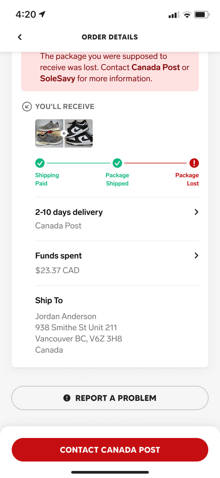 Screenshot from the Collect app showing the order detail screen when the package I was supposed to receive was lost