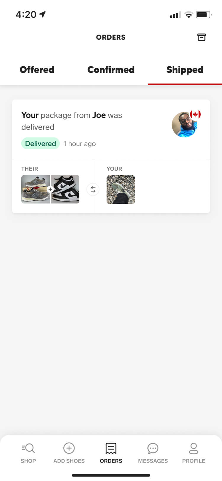 Screenshot from the Collect app showing the order detail screen when the package I sent was lost