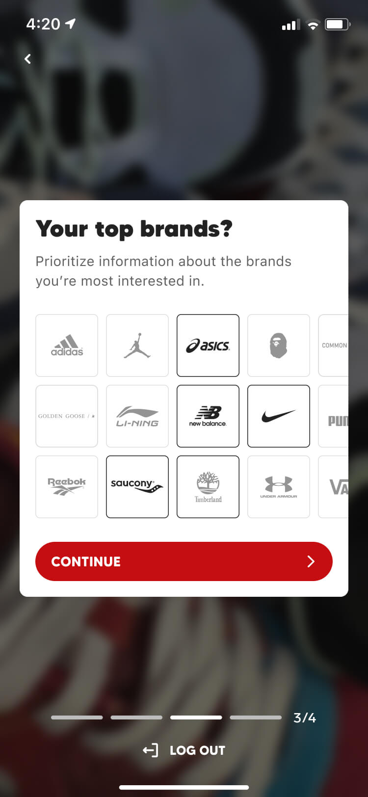 Screenshot from the Collect app sign up flow of the your top brands screen