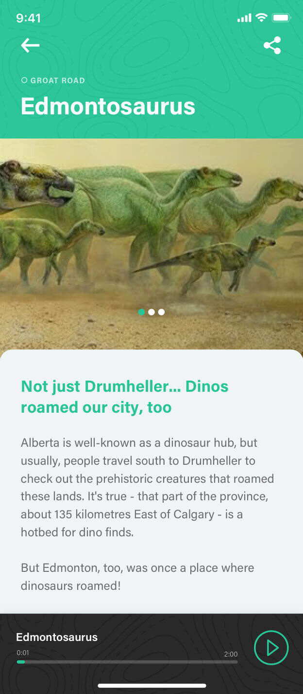 Edmontosaurus story screenshot of the Commonwealth Walkway mobile app