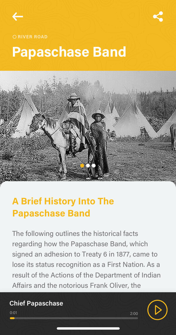Papaschase Band story screenshot of the Commonwealth Walkway mobile app