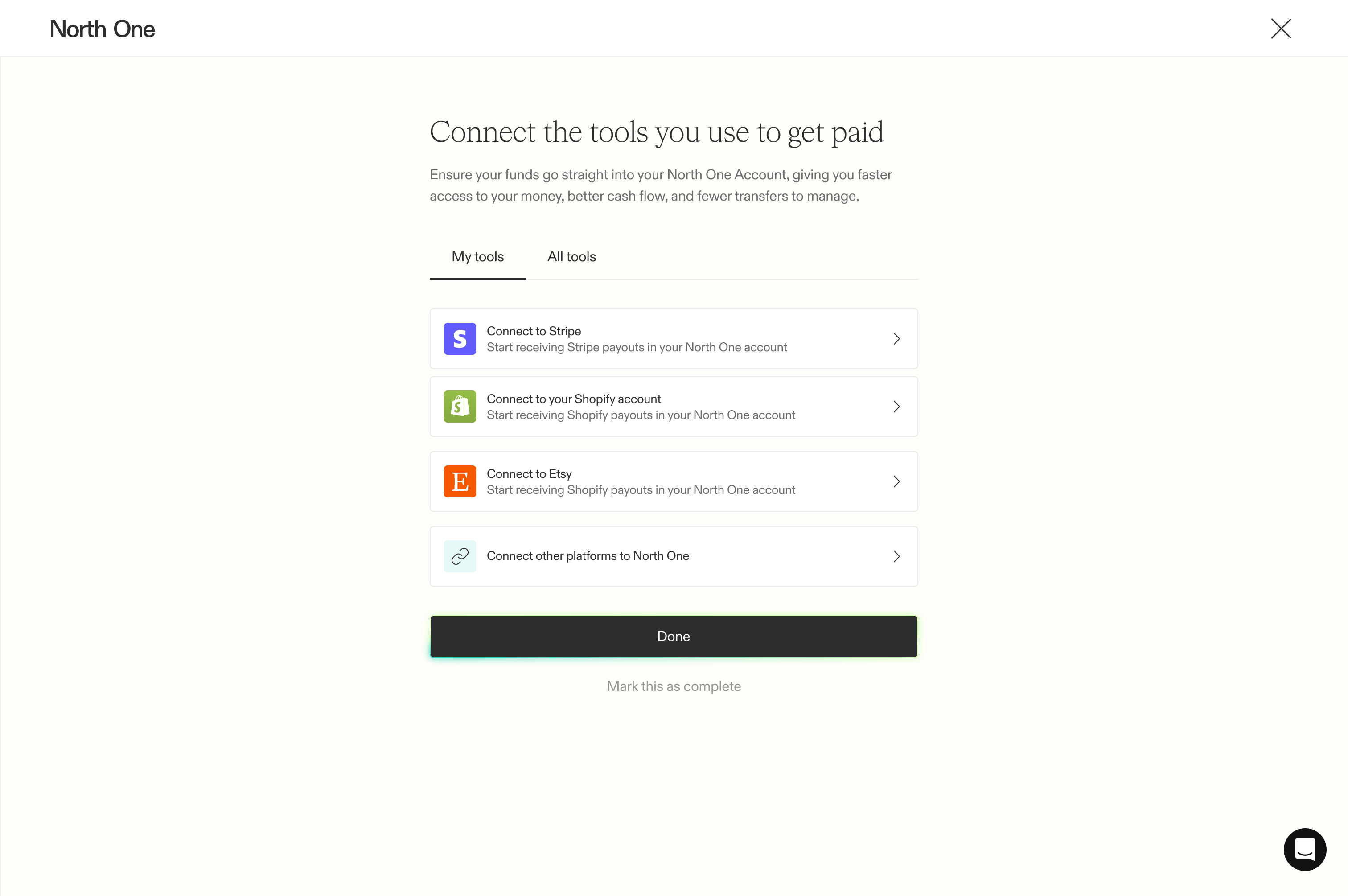 Screenshot from the North One zero state flow of the connect your tools screen
