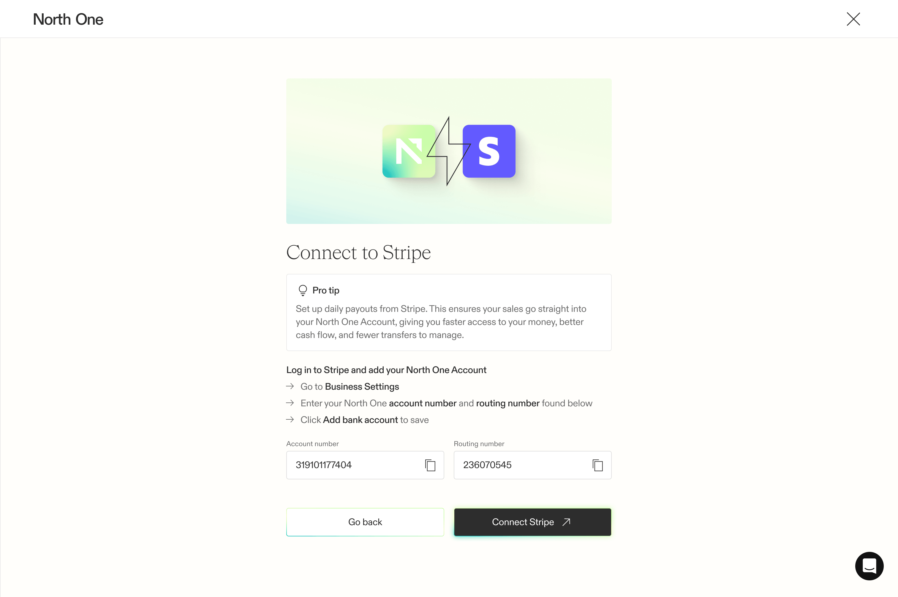 Screenshot from the North One zero state flow of the Stripe integration screen