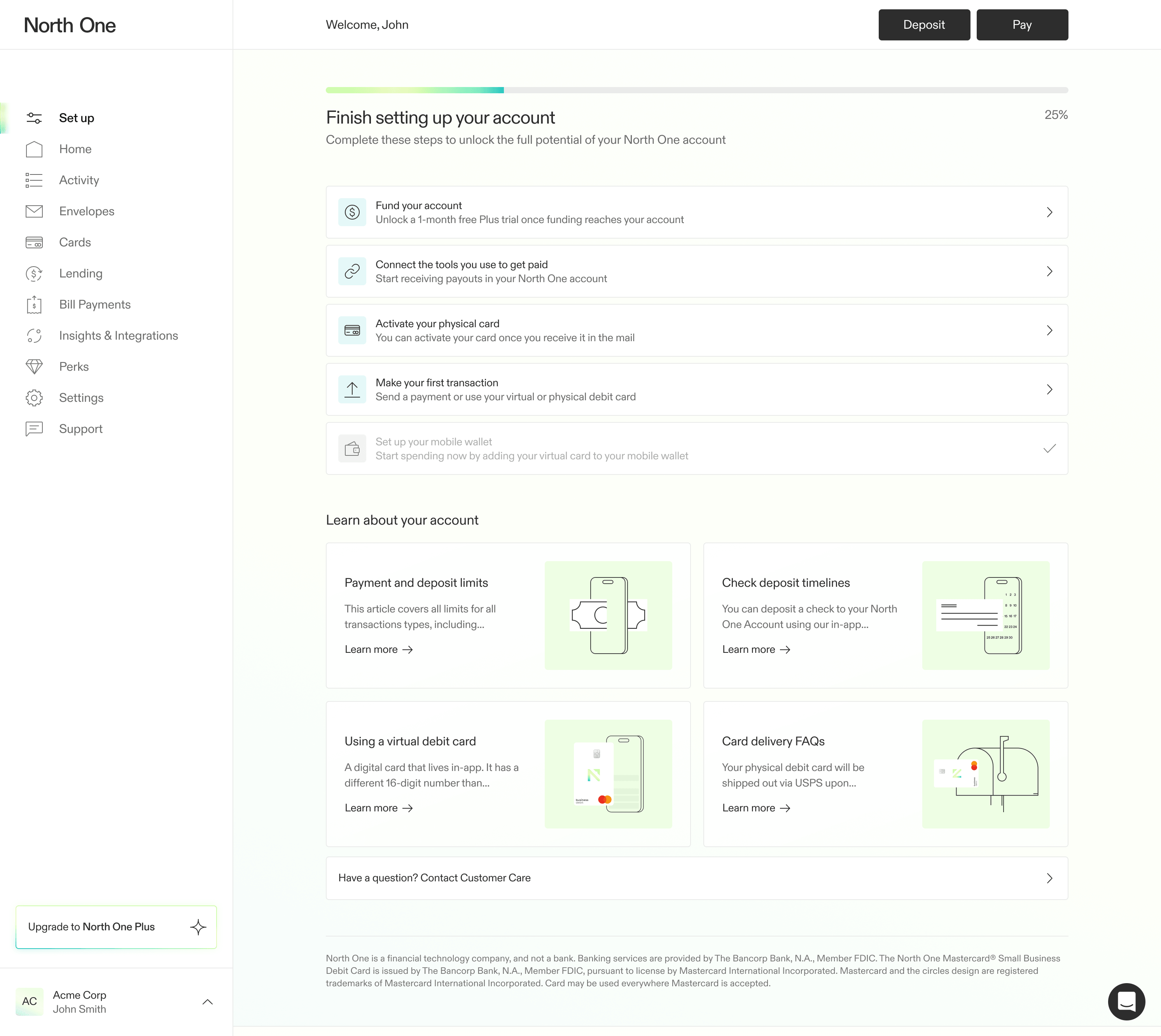 Screenshot from the North One zero state flow of the set up screen