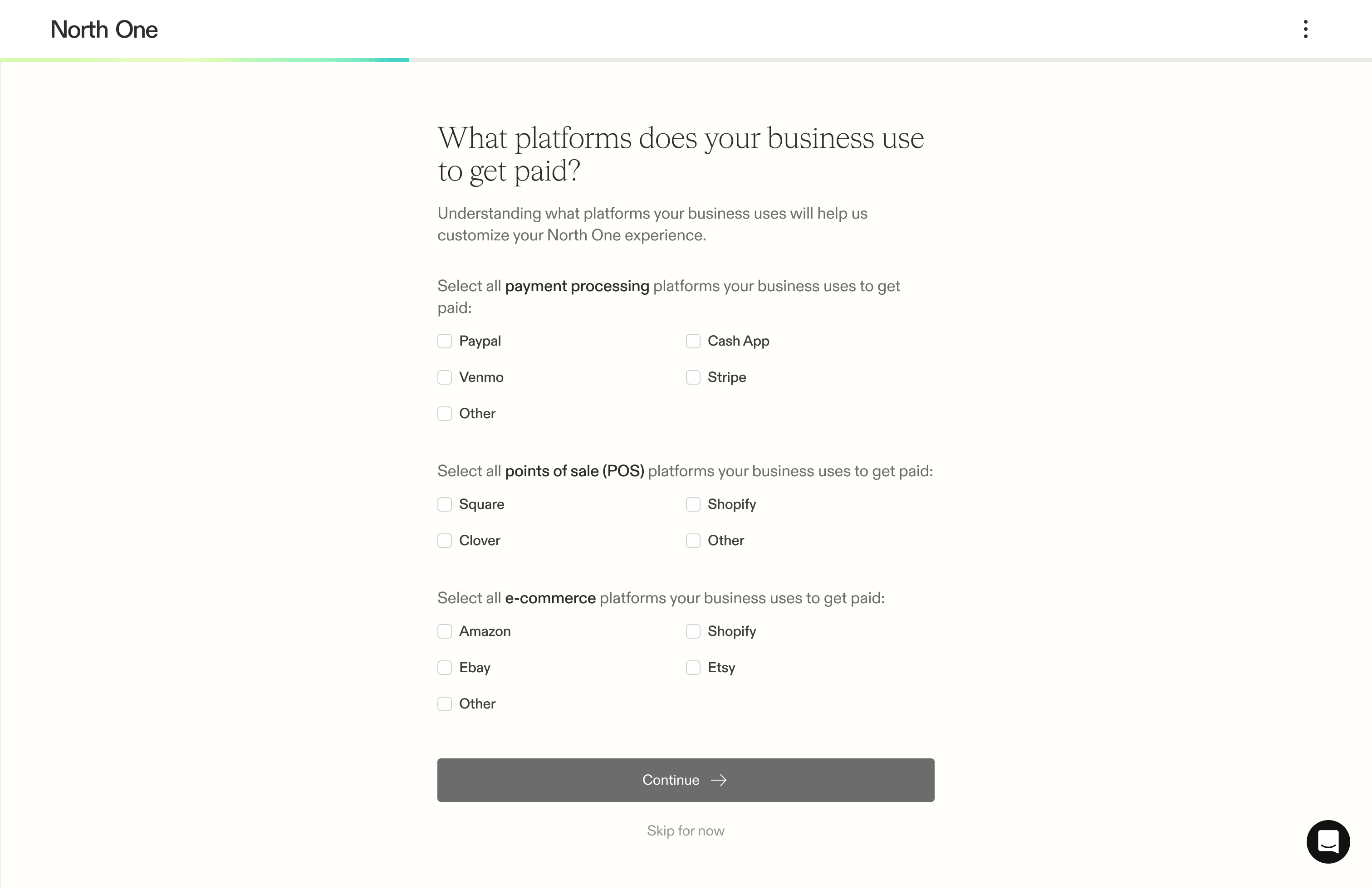 Screenshot from the North One zero state guided experience showing the platforms screen