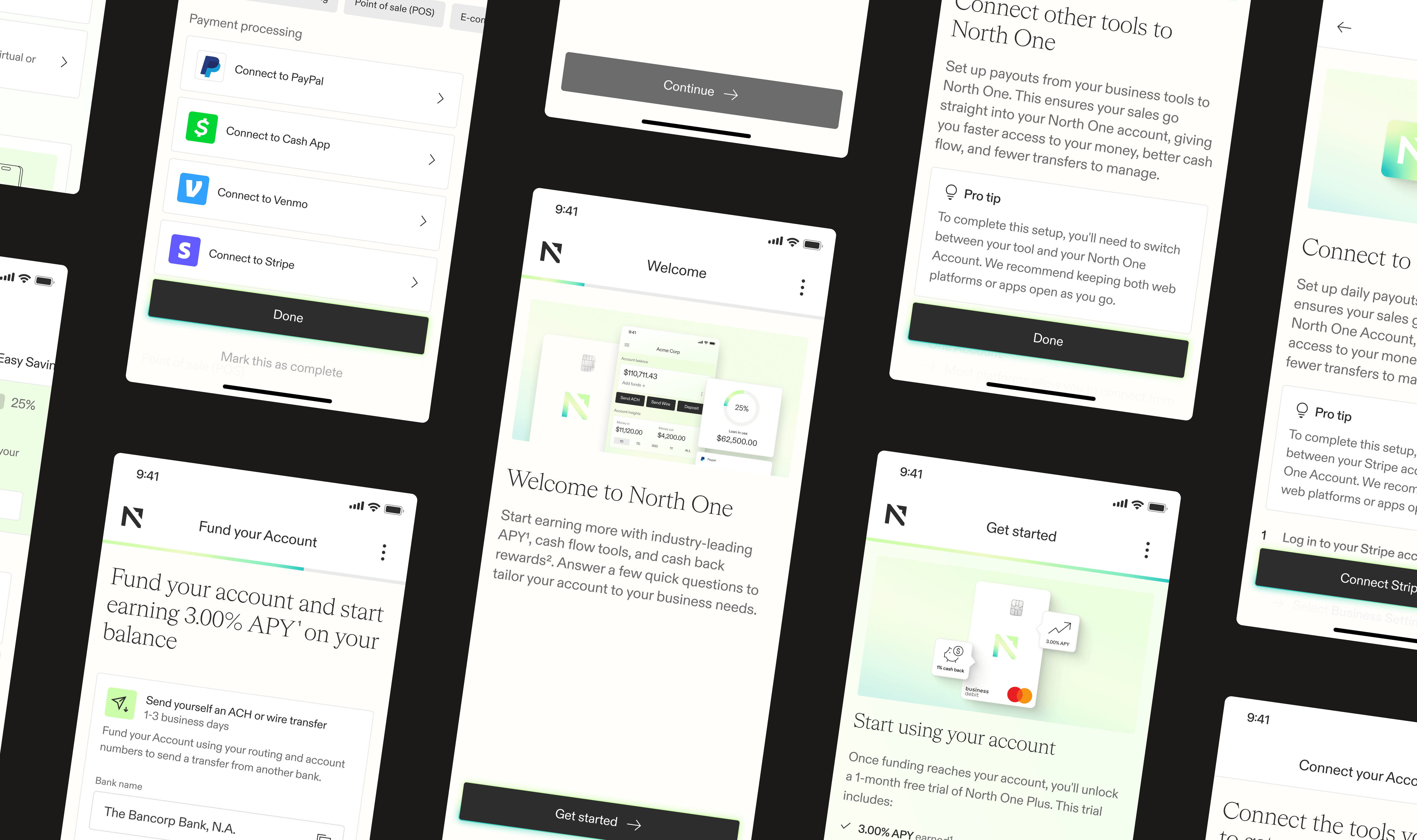 Screenshot grid of various screens from the North One zero state flow