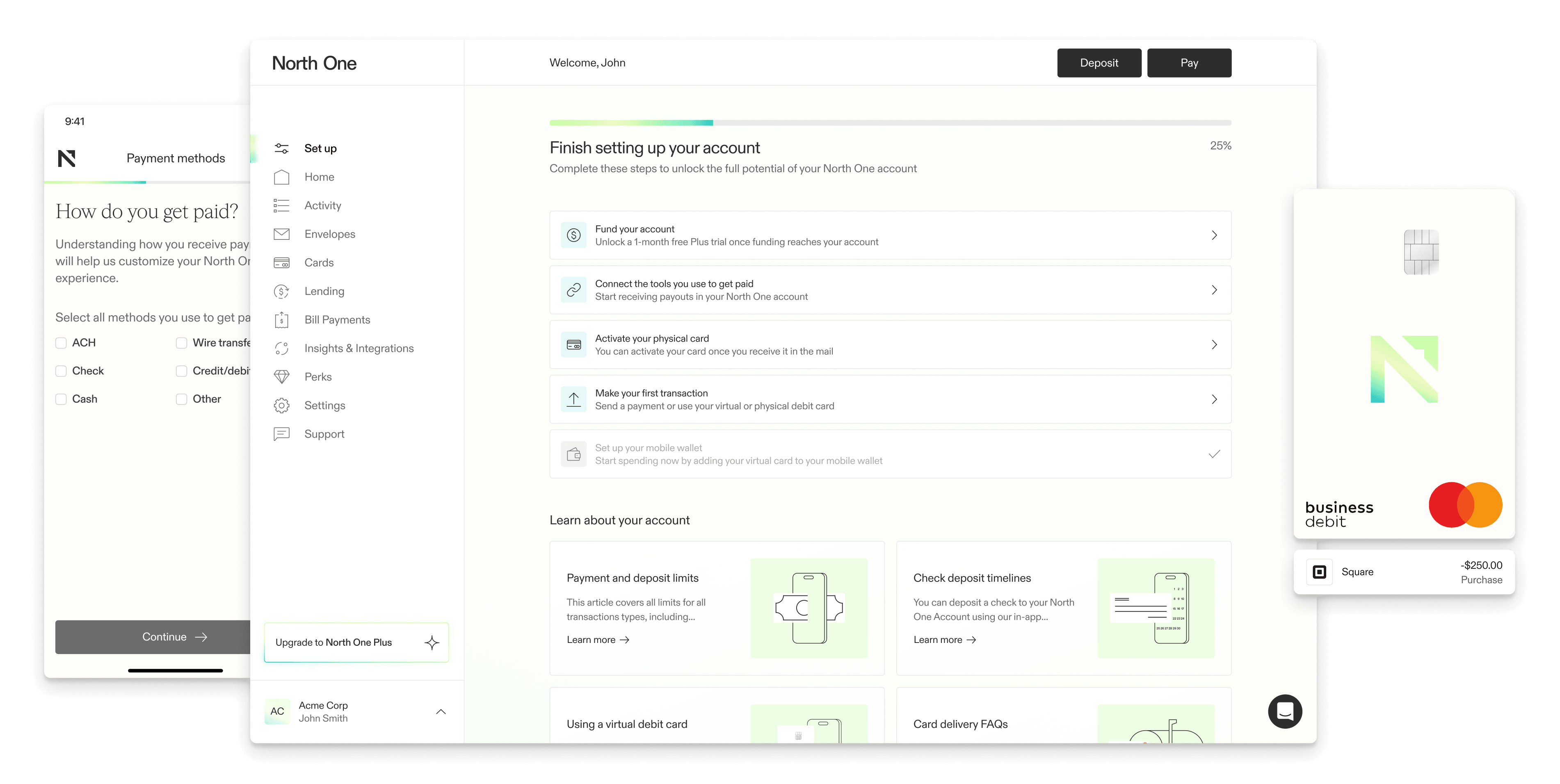 A collage of two app screenshots and a North One debit card. The first screenshot is from the North One web app showing the set up screen, the second screenshot is from the mobile app showing the payment methods selection screen of the zero state flow.