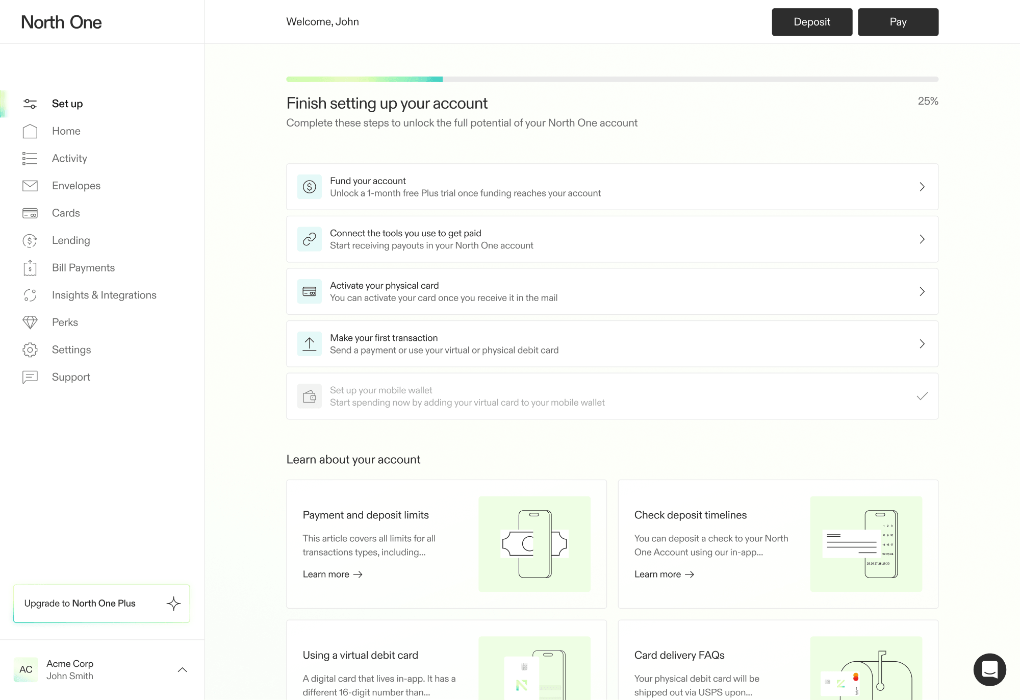 A screenshot from the North One web app showing the set up screen design