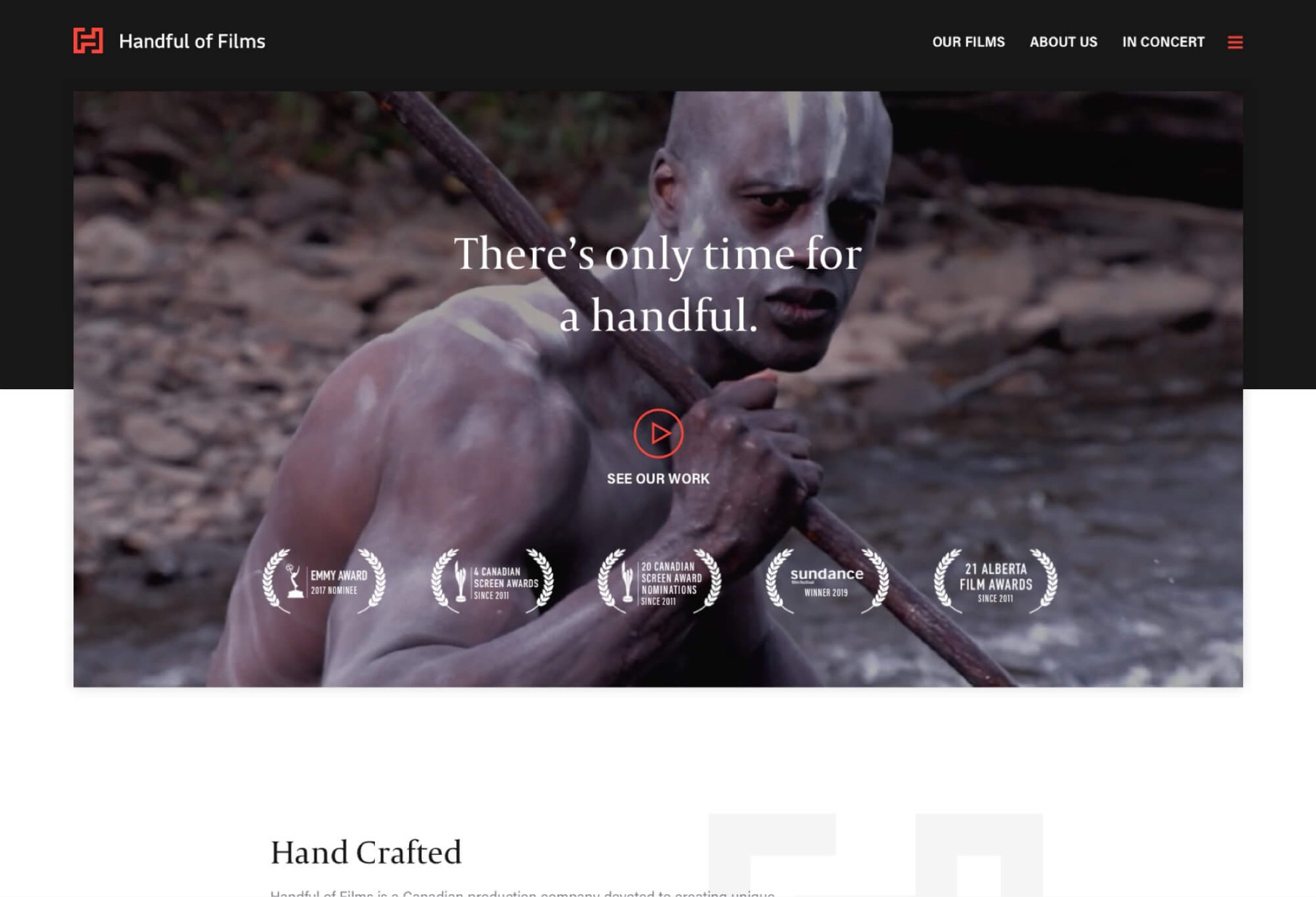 Homepage screenshot of the Handful of Films website