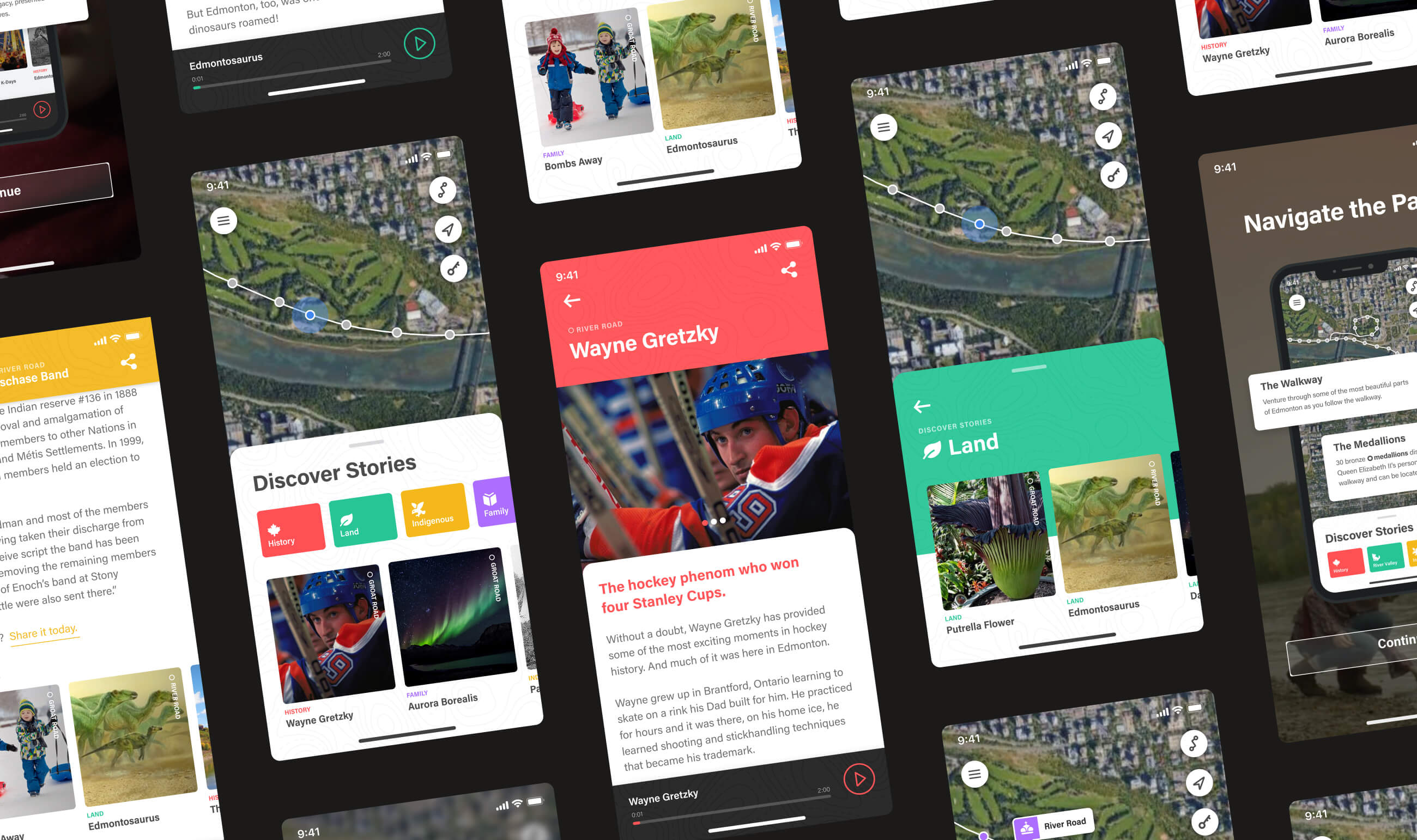 Screenshot collage of various Commonwealth Walkway app screens