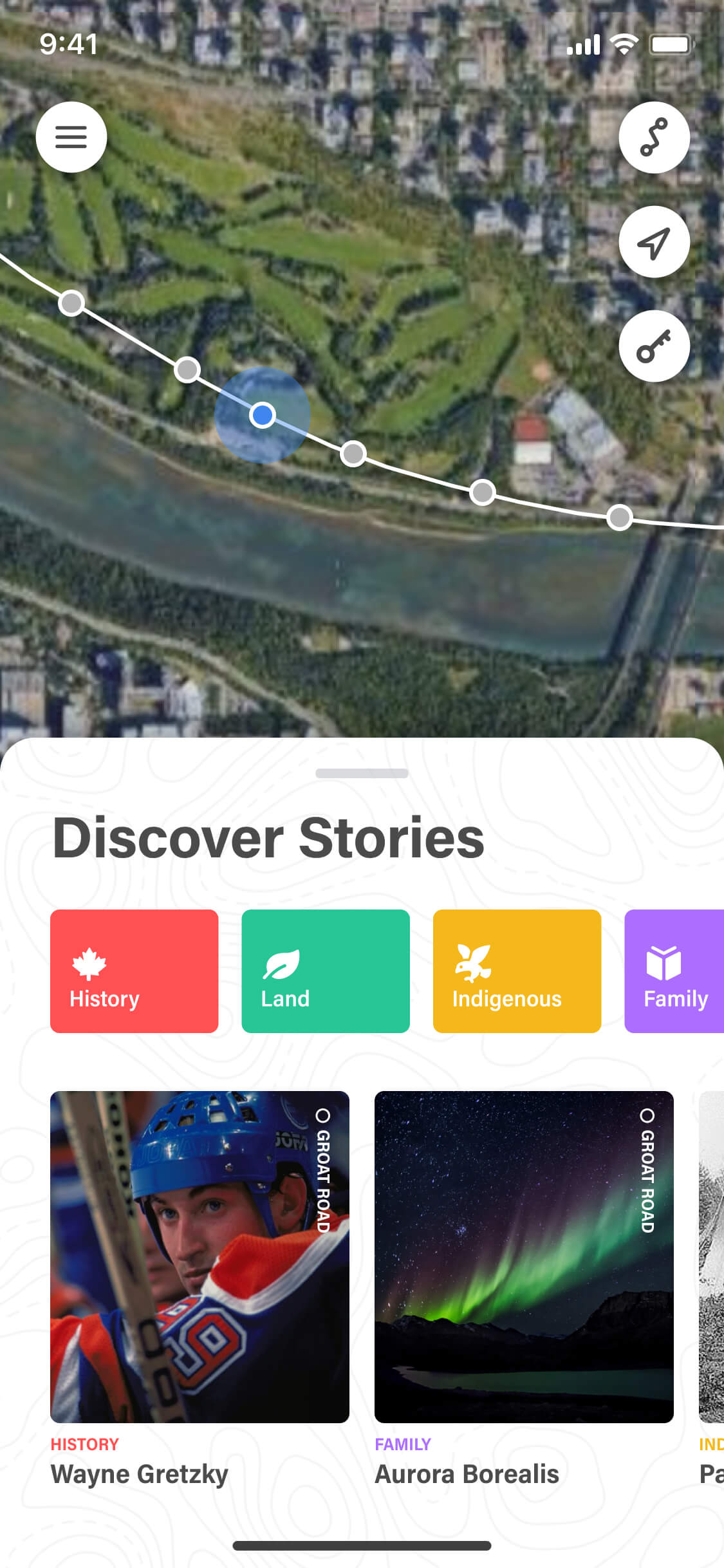 Screenshot from the Commonwealth Walkway app of the map screen dragged up to reveal stories
