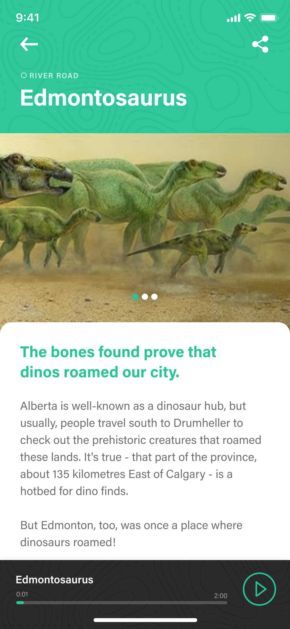 Screenshot from the Commonwealth Walkway app of the Edmontonsaurus story screen