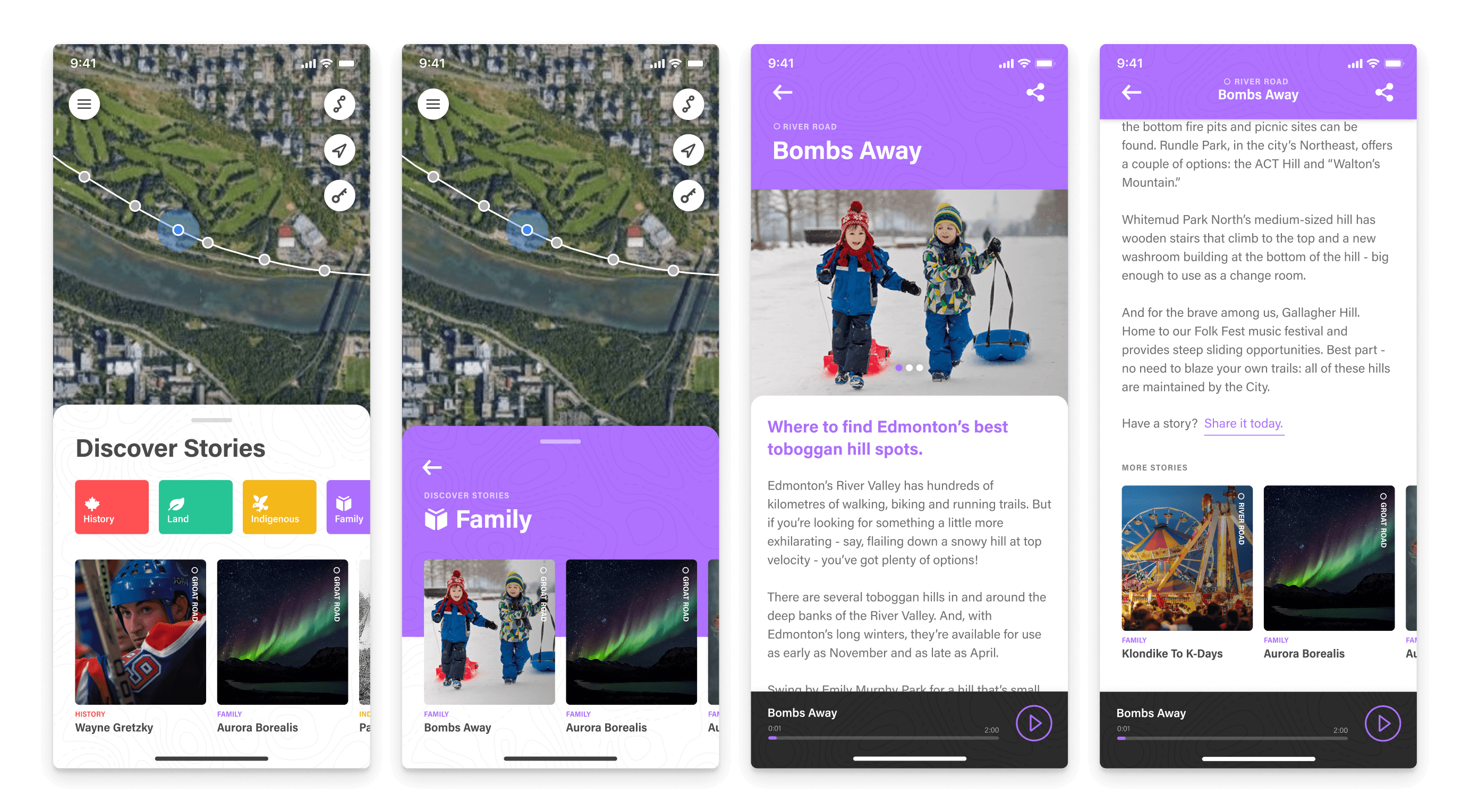 A row of four app screenshots from the Commonwealth Walkway mobile app showing the discover screen, category screen, story screen, and story screen scrolled down