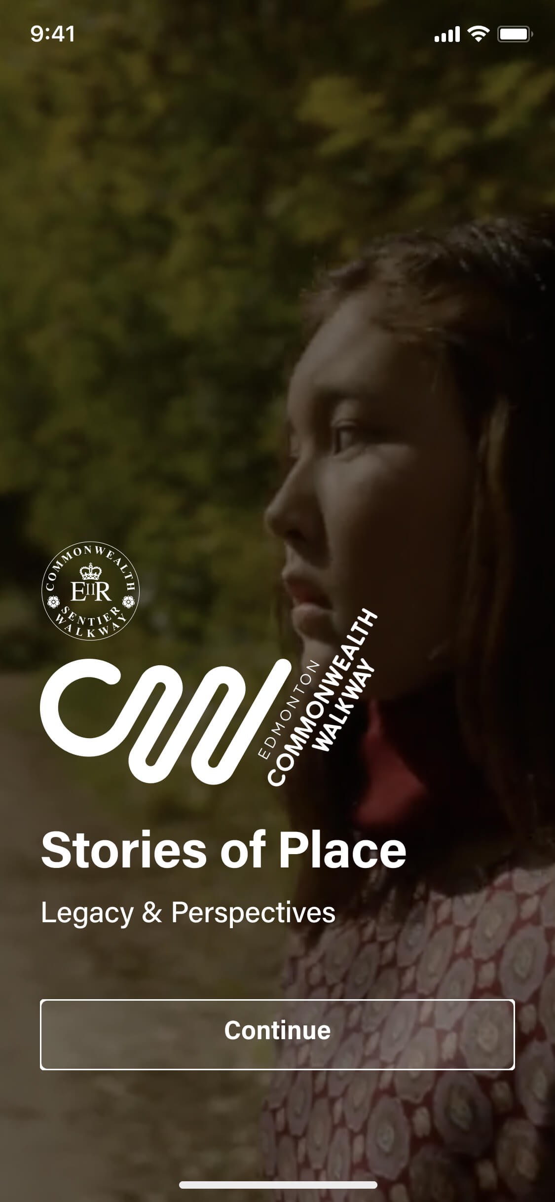 Screenshot from the Commonwealth Walkway app of the onboarding welcome screen