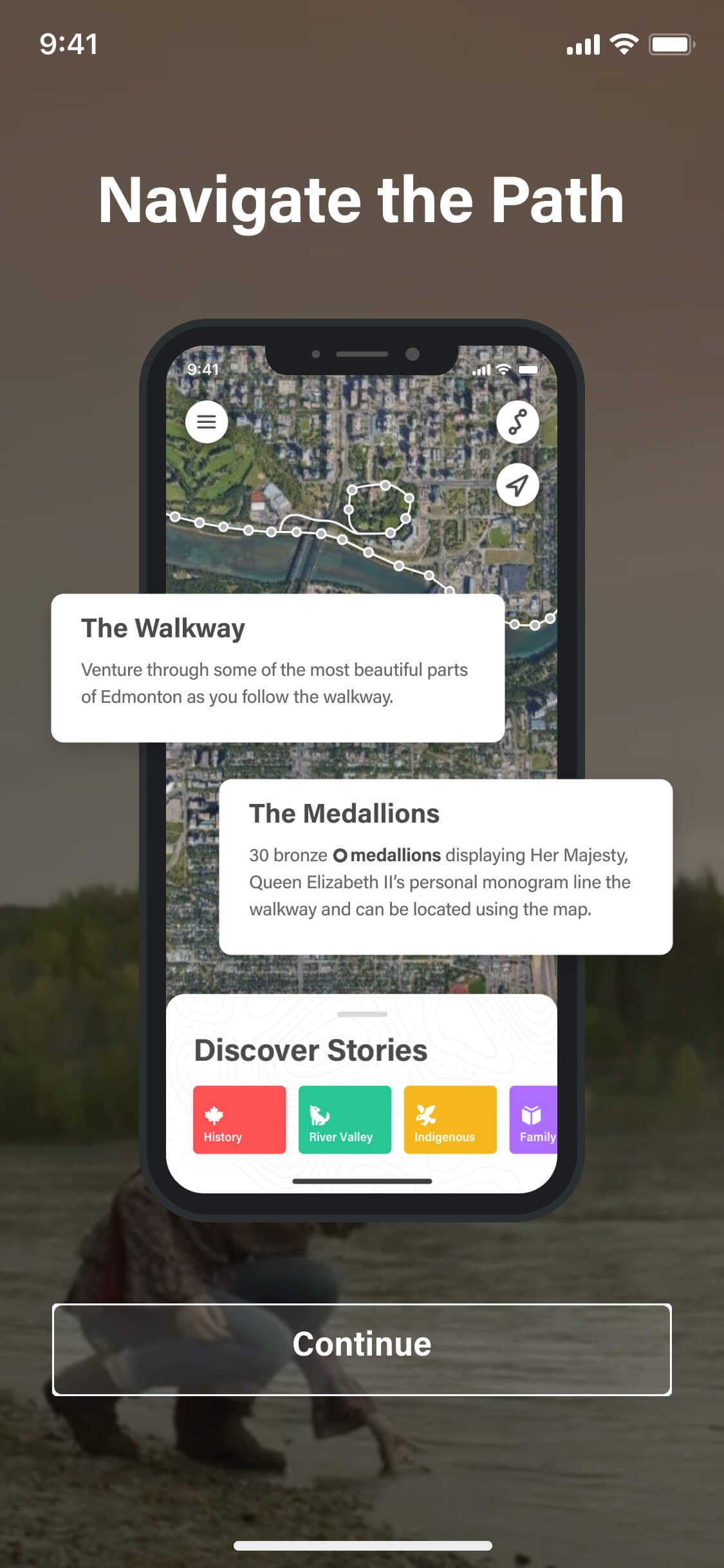 Screenshot from the Commonwealth Walkway app of the navigate the path onboarding screen