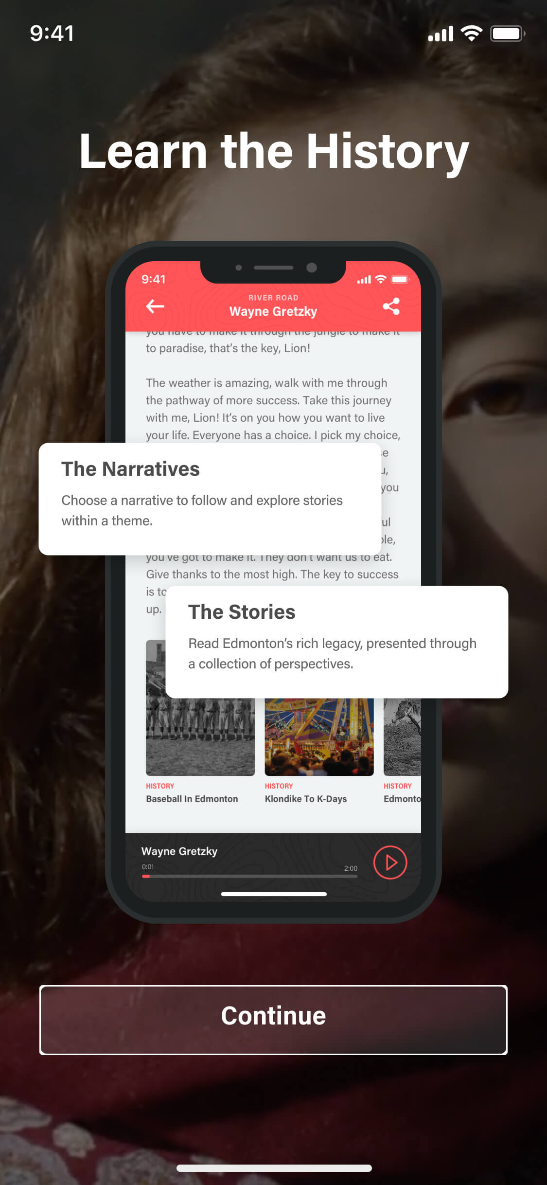 Screenshot from the Commonwealth Walkway app of the learn the history onboarding screen