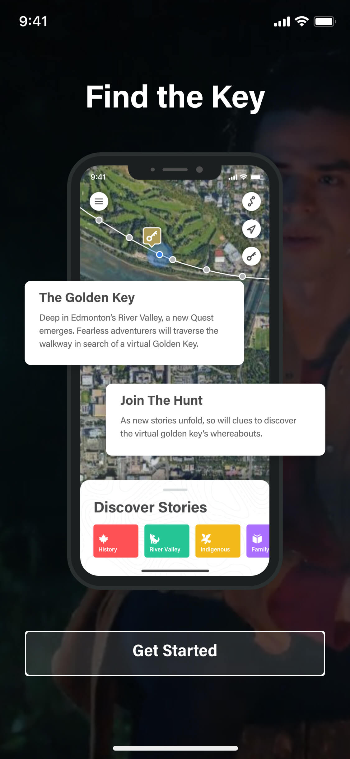 Screenshot from the Commonwealth Walkway app of the find the key onboarding screen