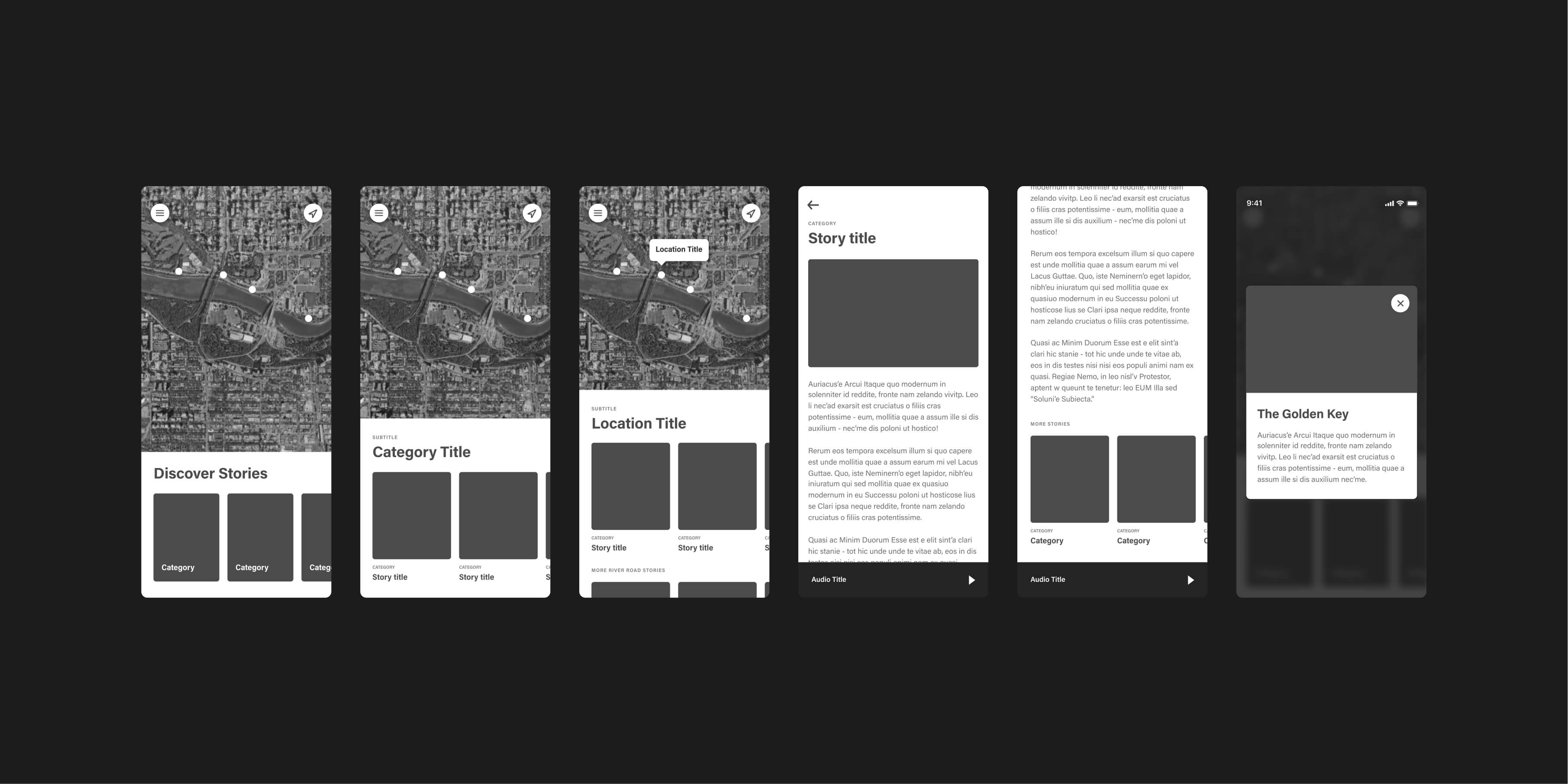 Wireframes from the Commonwealth Walkway app design phase