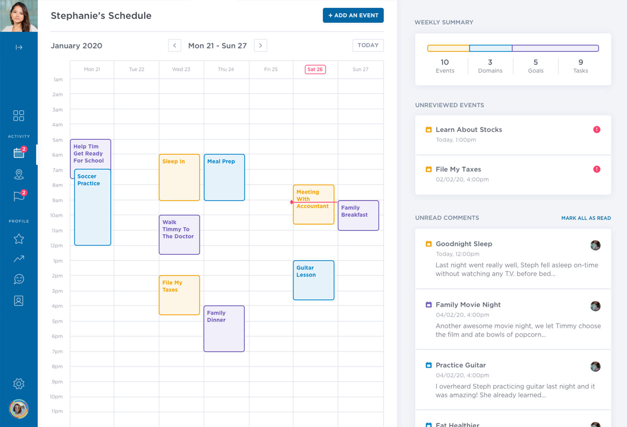 Personal schedule screenshot of the Lifecourse web application