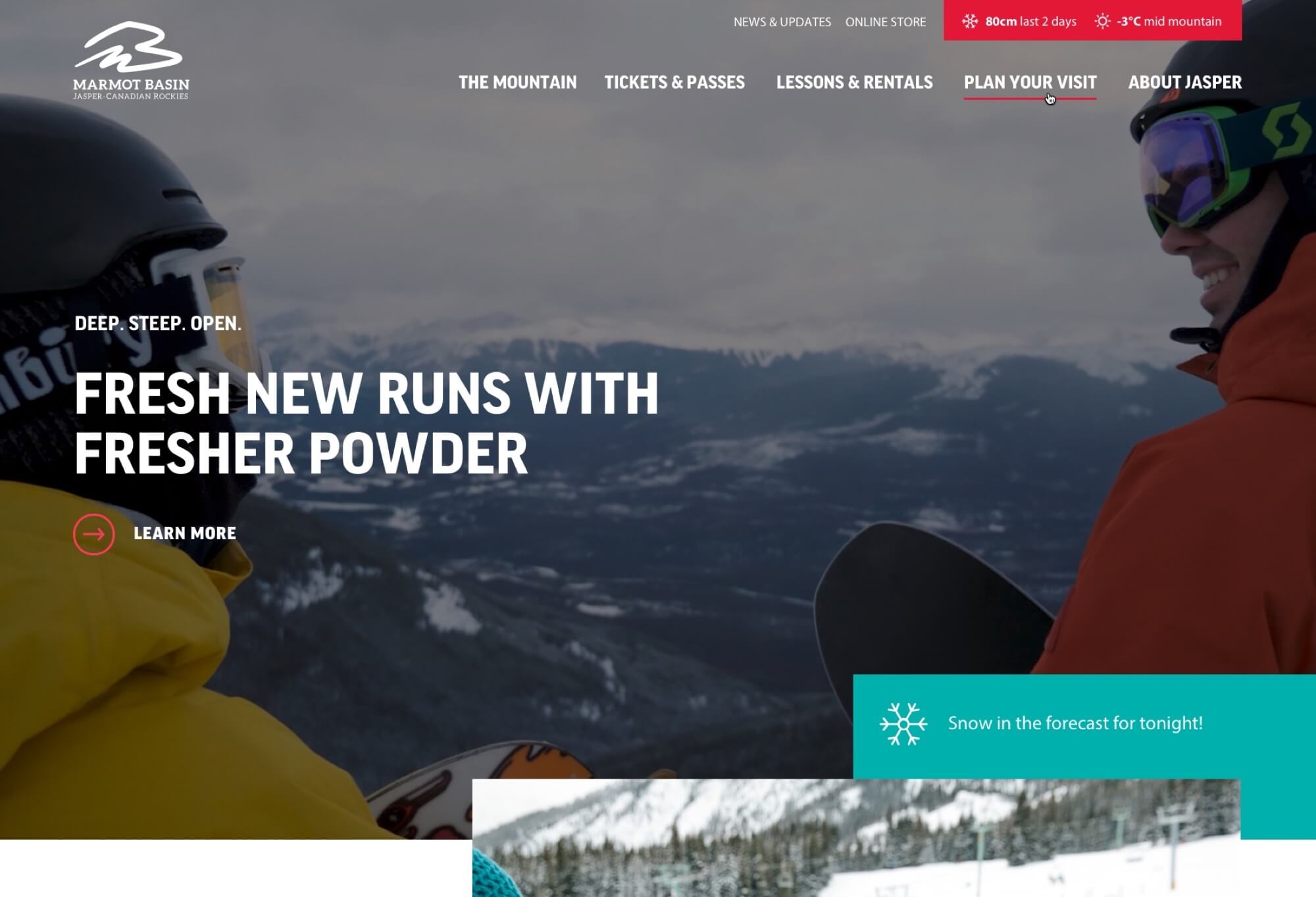 Homepage screenshot of the Marmot Basin website