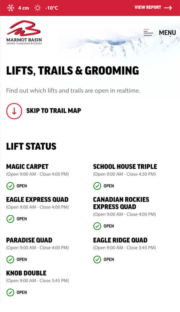 Responsive mobile screenshot of the Marmot Basin website 