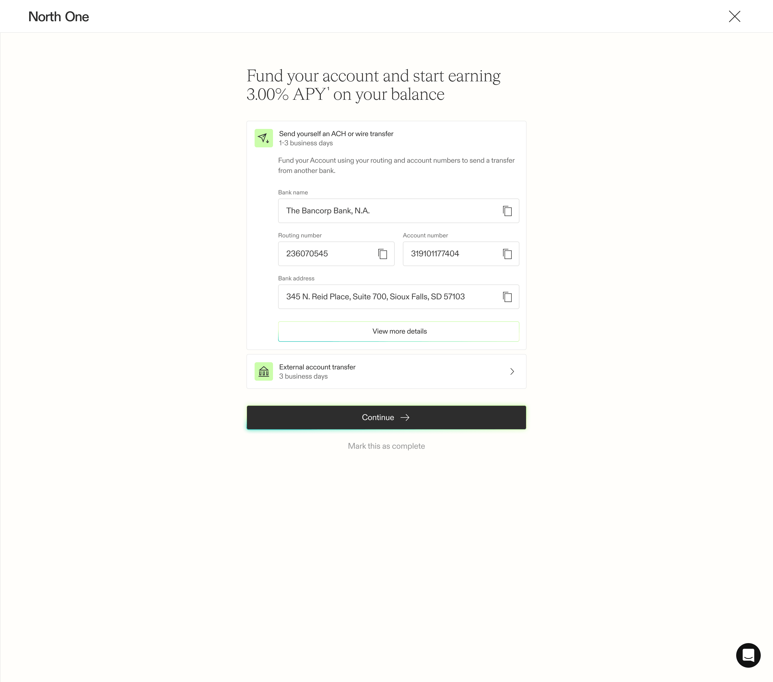 Screenshot from the North One zero state flow of the funding step with the mark this as complete button